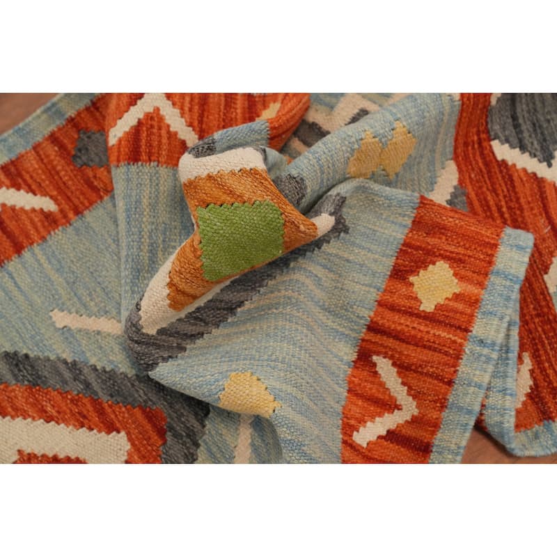 Hand Woven Oriental 100% Wool Carpet Southwestern Tribal Navy Blue & Blues Kilim Runner Rug - 8' 2'' X 2' 0''