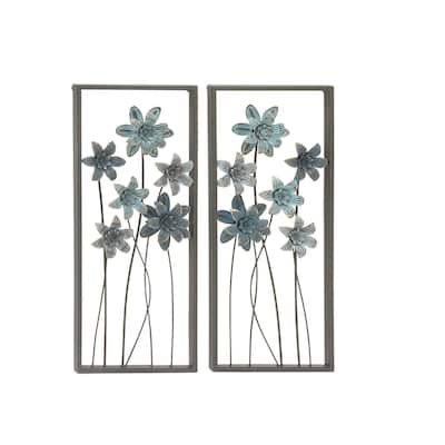 Metal Floral Home Wall Decor with Black Frames and Gold Accents - Set of 2 Teal - Roche River Decor