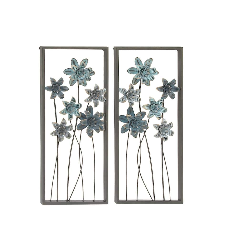 Metal Floral Home Wall Decor with Black Frames and Gold Accents - Set of 2 Teal - Roche River Decor
