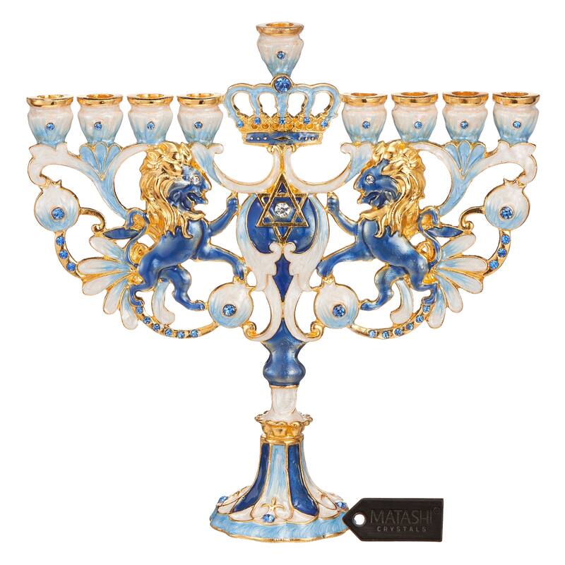 Matashi Hand-Painted Spinning Dreidel Holiday Ornament & Blue-Ivory Regal Lion Menorah Candelabra w/ Crystals Hanukkah Gift