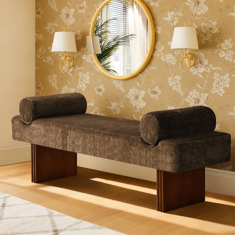 60" Upholstered Bedroom and Entryway Bench with Bolster Pillows