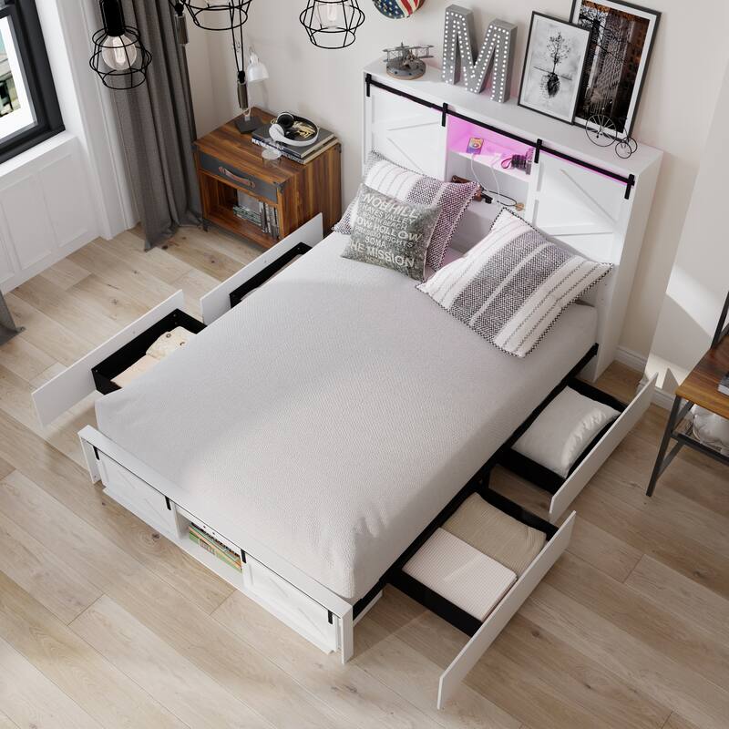Storage Bed Queen Size Bed Frame w/Charging Station Light Drawers