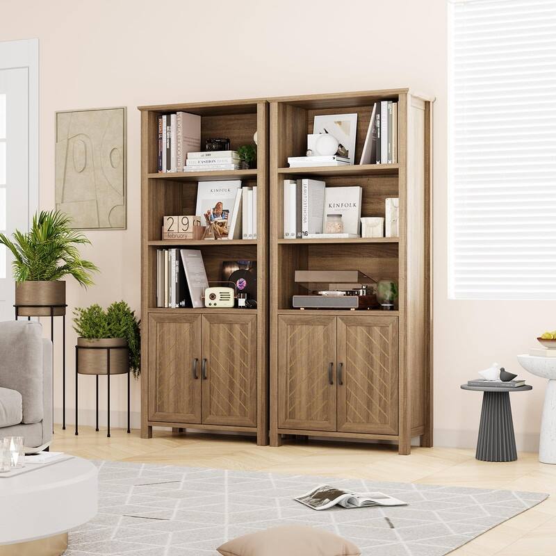 5-Tier Farmhouse Bookshelf with Doors Adjustable Shelf and Stable Legs