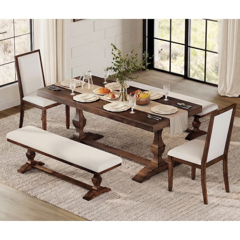 5-pieces Farmhouse Dining Table for 6, 74.8" Kitchen Table Set with 2 Benches and 2 Chairs, Solid Wood Legs and Cushion Seat - Rustic Brown