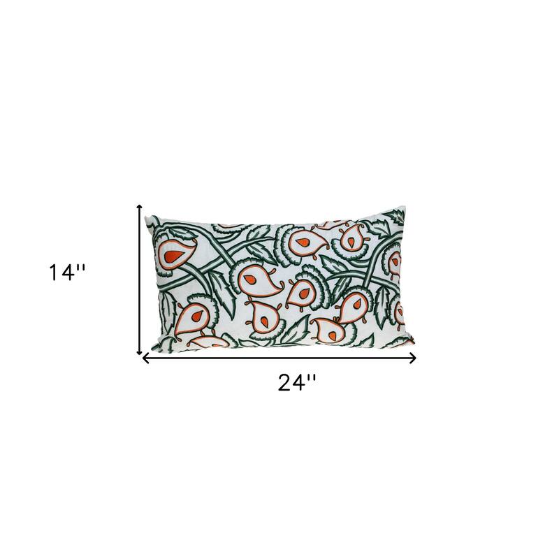 14" X 24" Green and White Cotton Lumbar Throw Pillow with Embroidery