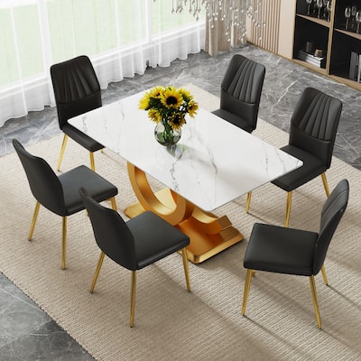 Dining table suitable for 6-8 people,a set of 6-piece PU leather backrest and gold metal legs modern dining chairs