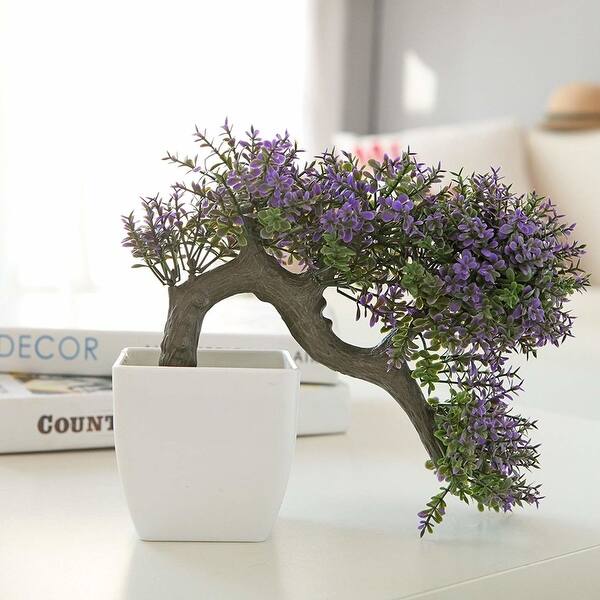 Shop Mygift Purple Blossom Artificial Bonsai Tree Faux Potted Plant W White Planter Overstock 27727968