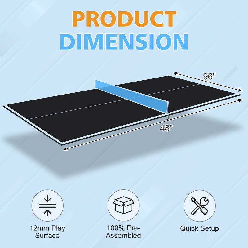8ft Black Mid-Size Ping Pong Conversion Top Foldable & Portable Table Tennis Table Top for Indoor Games