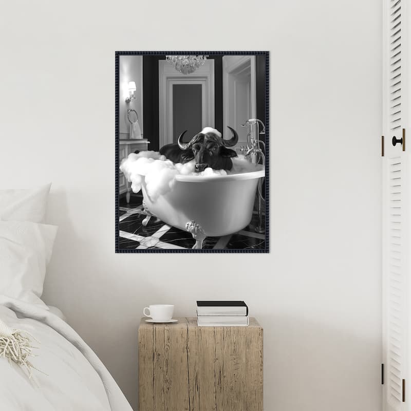 Curious Buffalo In the Tub by Niky Rahner Framed Canvas Wall Art