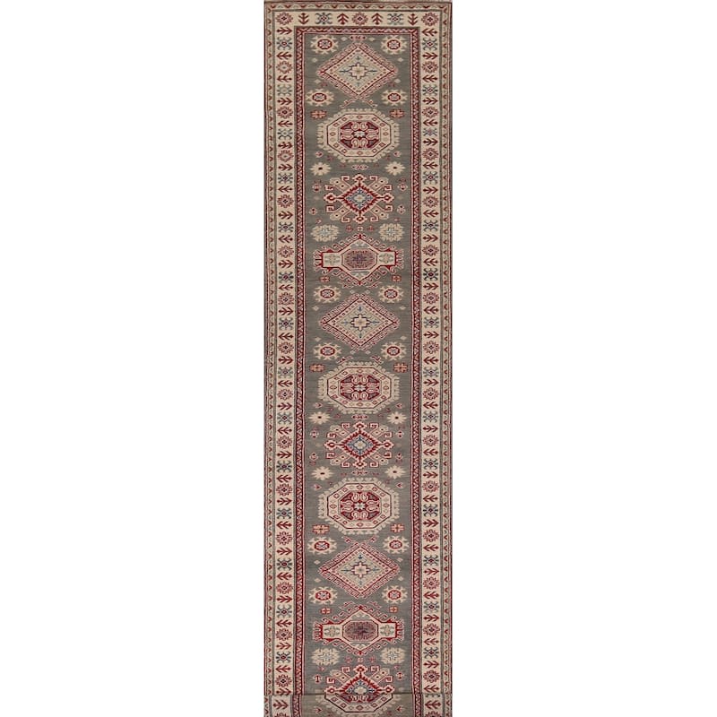Gray Kazak Runner Rug Hand-Knotted Wool Carpet - 2'8" x 16'3"
