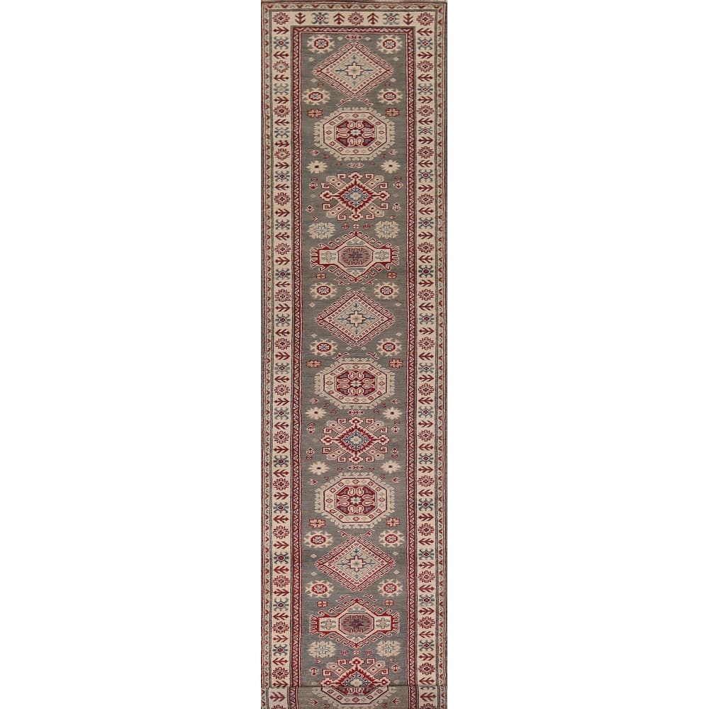 Gray Kazak Runner Rug Hand-Knotted Wool Carpet - 2'8" x 16'3"