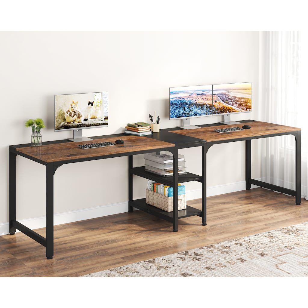 2 Person Double Computer Desk with Storage Shelves