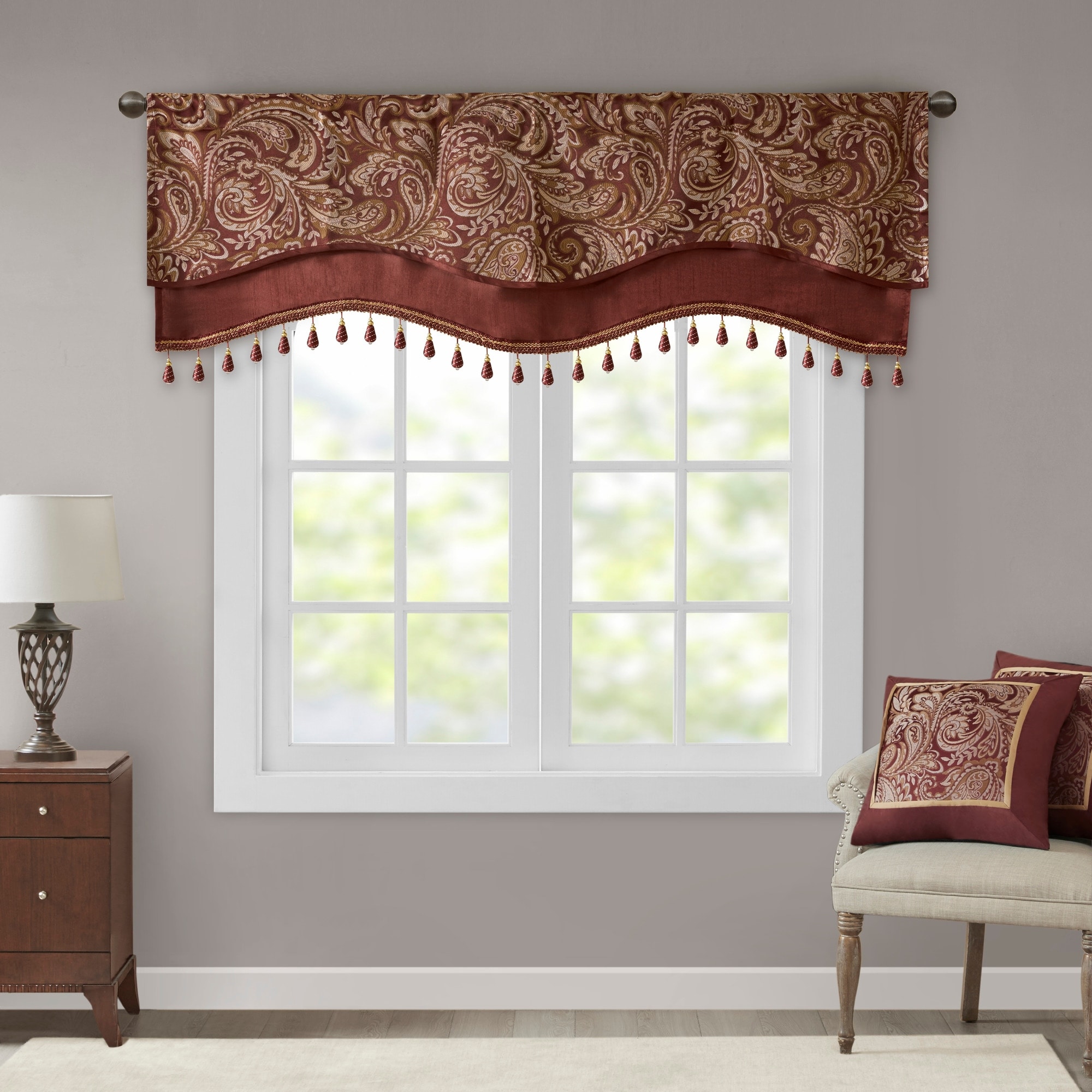 Madison Park Aubrey Jacquard Window Rod Pocket Valance with Beads - 50 x 18"