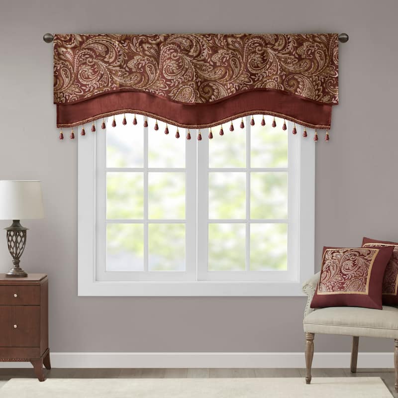 Madison Park Whitman Jacquard Window Rod Pocket Valance with Beads - 50 x 18"