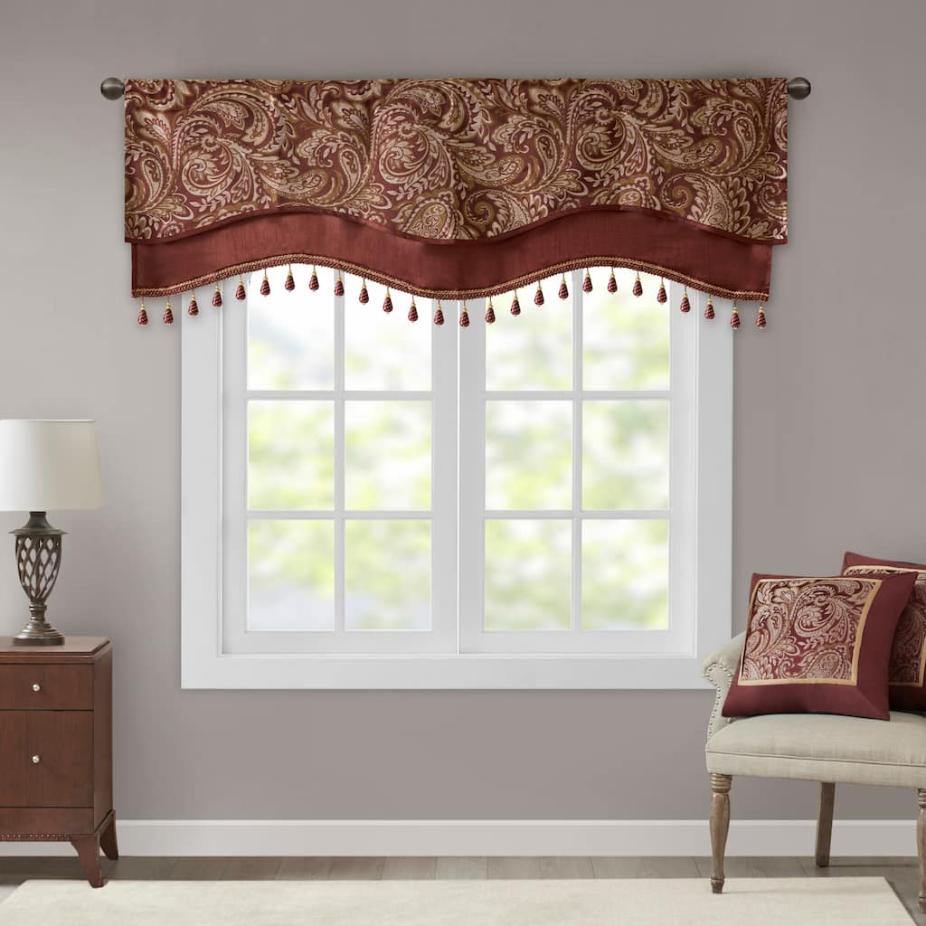 Madison Park Whitman Jacquard Window Rod Pocket Valance with Beads - 50 x 18"