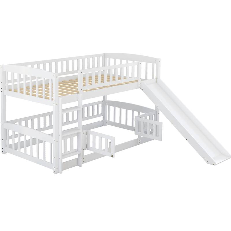 Twin-Over-Twin Bunk Bed with Slide Ladder & Slide, Solid Wood Low Bunkbed Frame w/Guardrail for Kids Teens, No Box Spring Needed