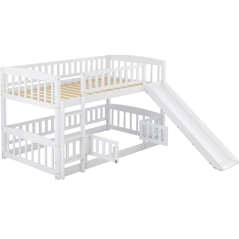 White Pine Wood Bunk Bed with Convertible Slide, Ladder, and Fence Door