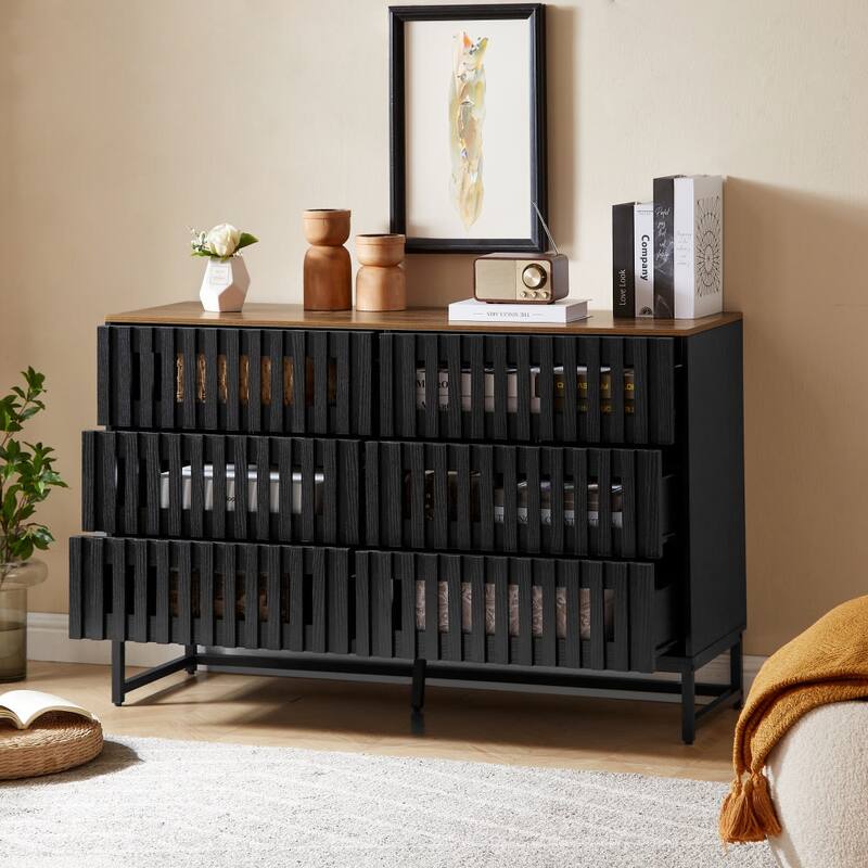 Modern Style Dressing with Grille Stripe Door 3 Drawers and 4 Shelves, for Living Room, Dining Room Office