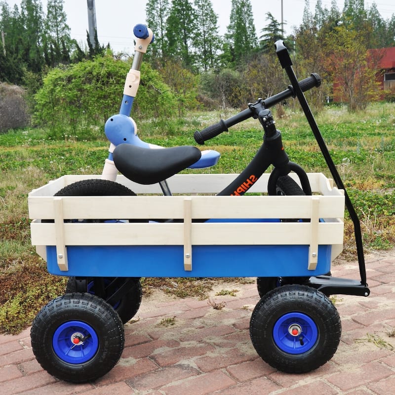 Outdoor Garden Cart, All Terrain Cargo Wagon Wood Railing Children - 39.37" x 19.3" x 20.28" (L x W x H)
