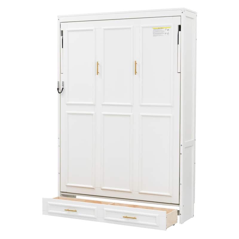 Full Size Murphy Bed with 2 Storage Drawers, Wooden Folding Bed Frame, Wardrobe Design Modern Wall Bed