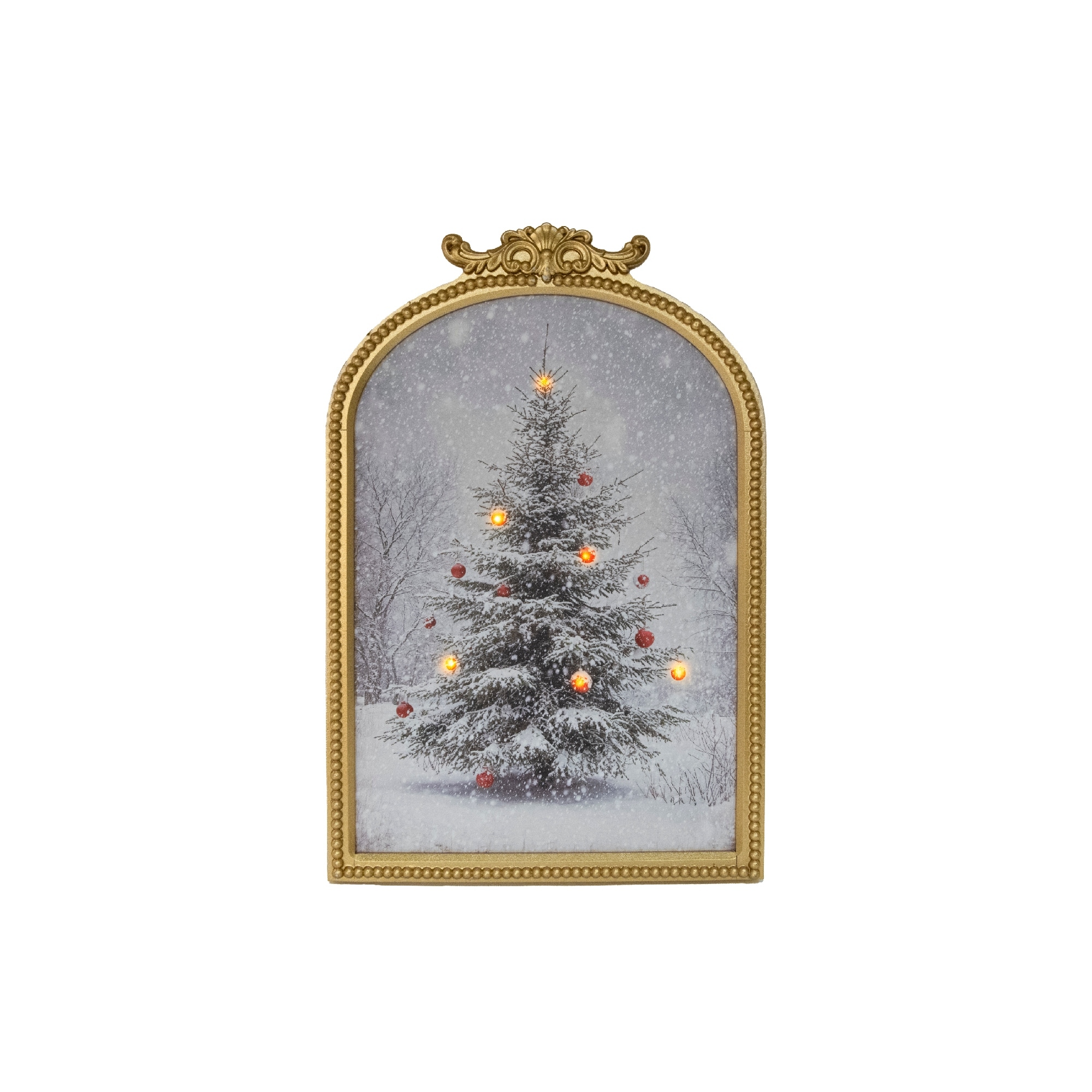 LED Arch Framed Wall Art Snowy Tree with Red Ornaments