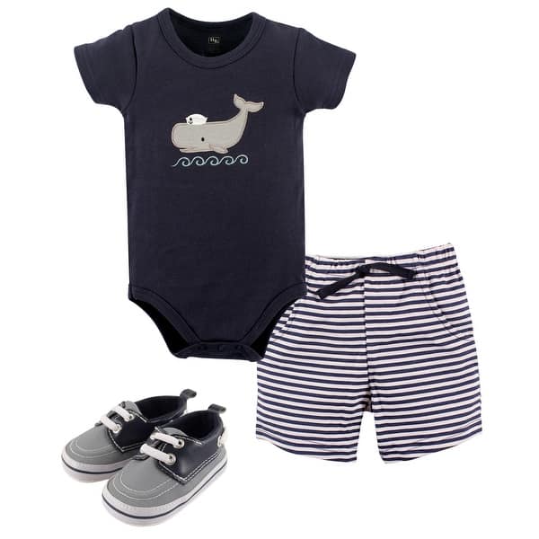 slide 1 of 1, Hudson Baby Infant Boy Cotton Bodysuit, Shorts and Shoe 3pc Set, Sailor Whale 0-3 Months - Sailor Whale