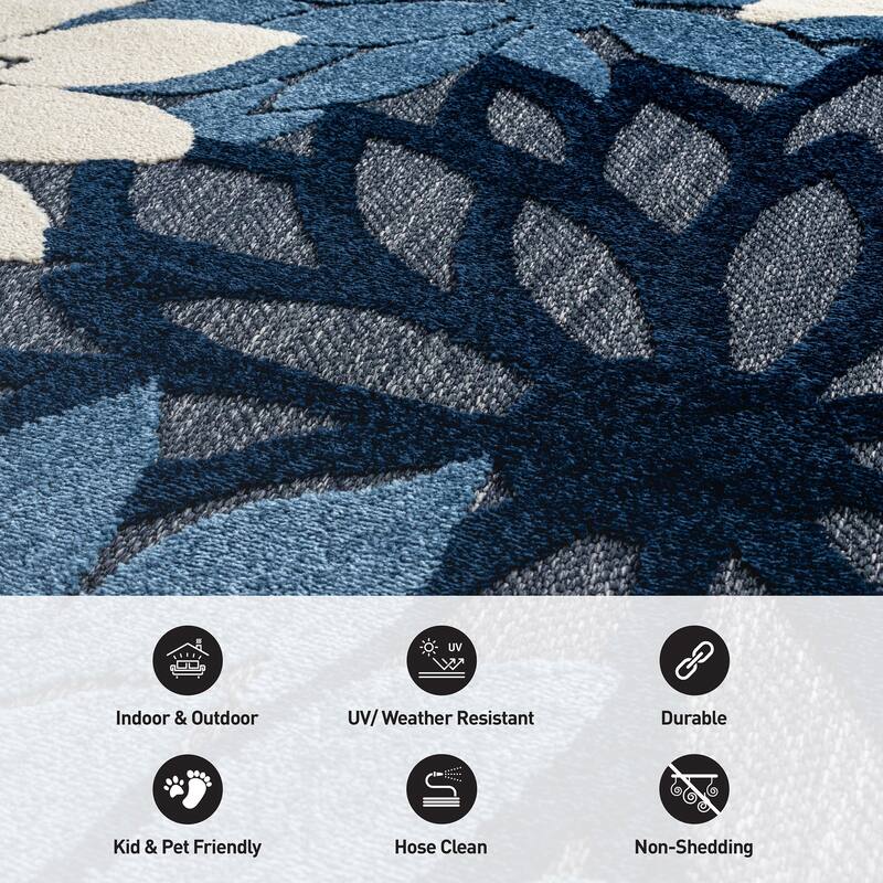 World Rug Gallery Indoor/Outdoor High-Low Textured Area Rug, Floral Easy-Clean Patio Rug