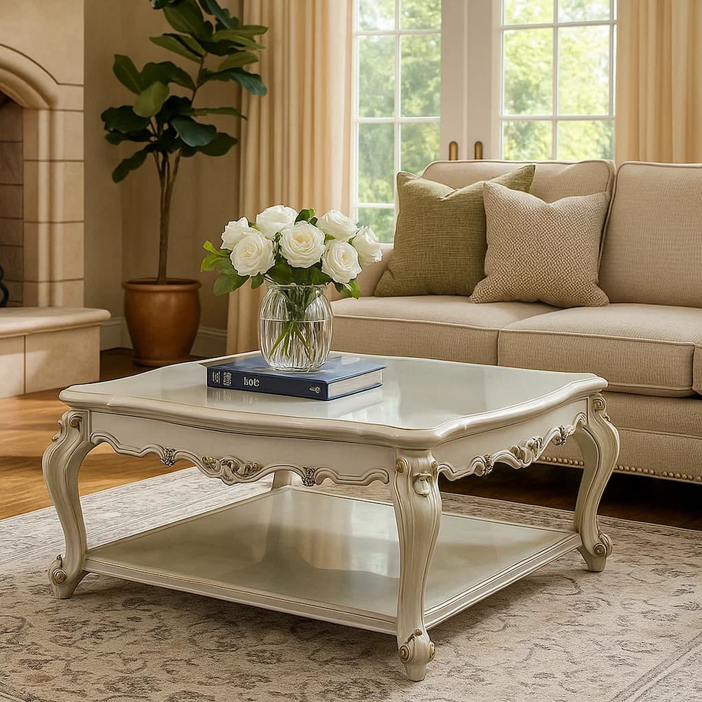 Traditional Scalloped Top Coffee Table with Queen Anne Legs, Antique White
