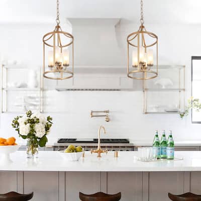 Mid-century Modern Gold 4-Light Chandelier Lantern Pendant Light for Kitchen Island - 12.2'' L x 12.2'' W x 23.2'' H