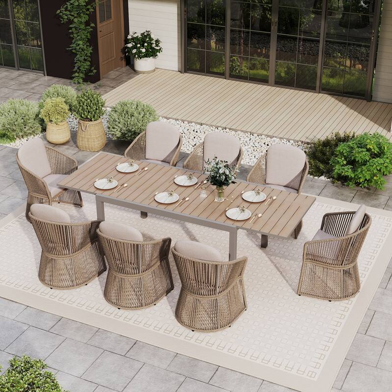 9-Piece Outdoor Extendable Dining Set with Aluminum Table & Rattan Chairs - Wood Finish