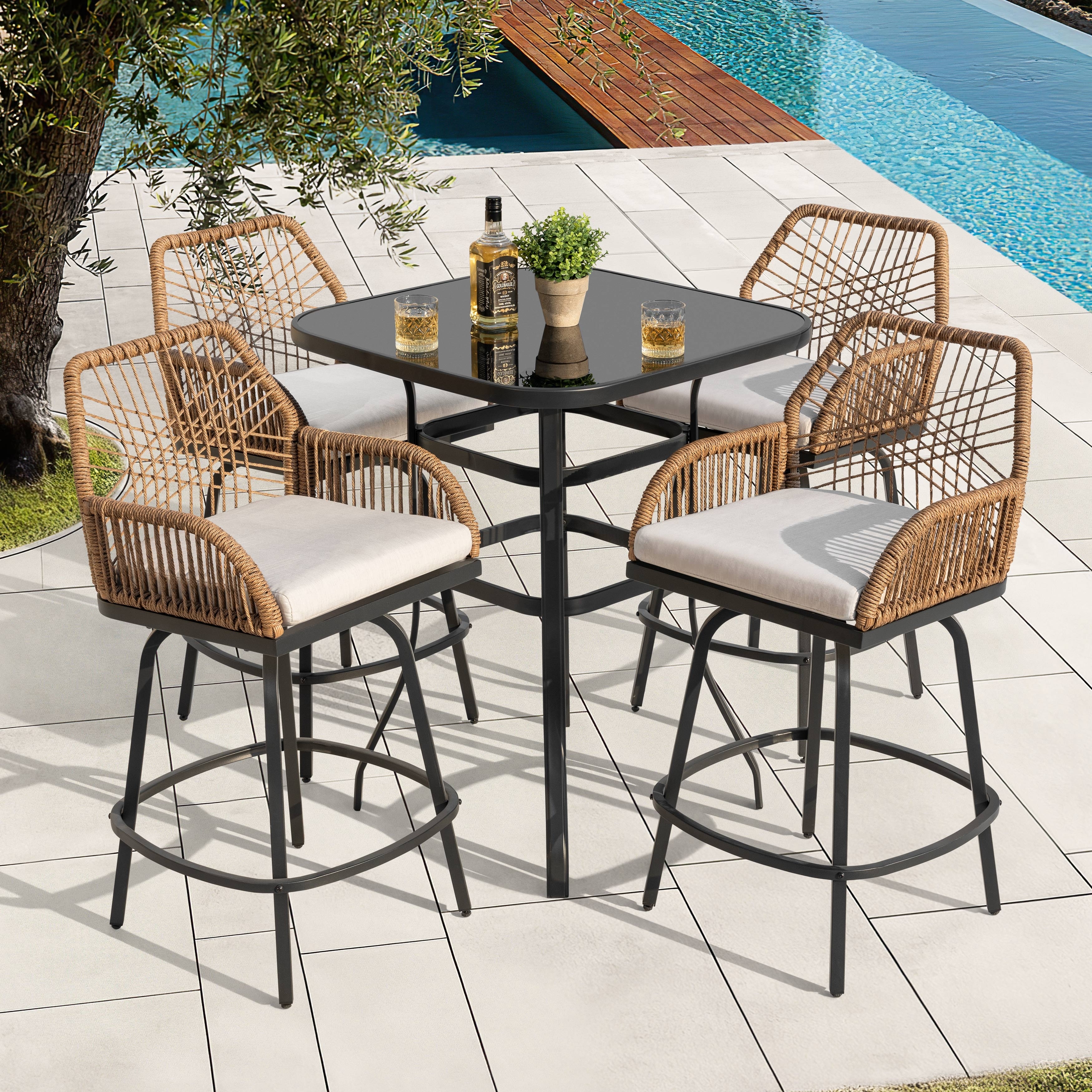Nuu Garden Swivel Patio Bar Set with Cushions, Handwoven Twisted Rattan Design