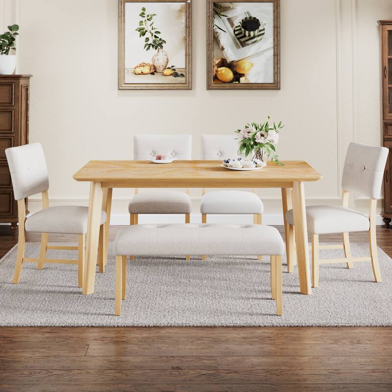6 Piece Dining Room Table Set, Rustic Farmhouse Dining Room Rectangular Table with 4 Upholstered Chairs and Bench