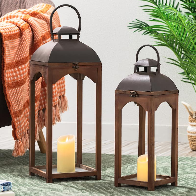 Glitzhome Set of 2 Farmhouse Church Style Hanging Candle Holders Wooden Lanterns Fall Wedding Decor