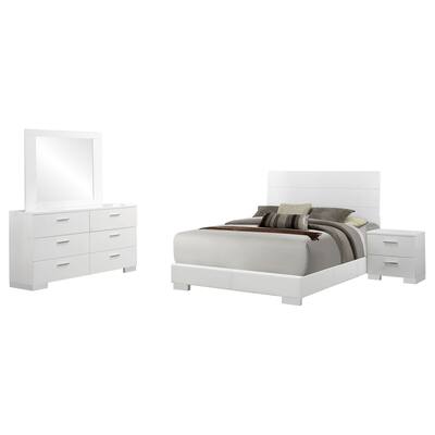Sok 4pc Queen Bedroom Set with Dresser Mirror, White High Gloss Wood
