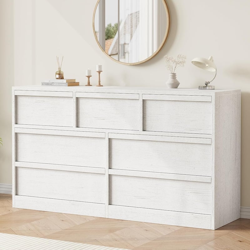 Drawer Dresser for Bedroom, Wide Antique Chest of Drawers with Large Storage, Wooden Dresser Organizer - White - 7-drawer