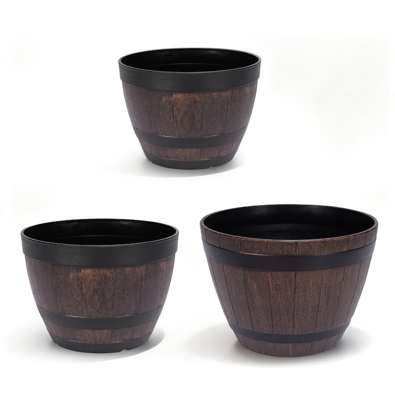 Javlergo (9"/11.3"/13") 3-Pack Different Size Plastic Planter Whiskey Barrel Planter Decoration Flower Pots with Drainage Holes