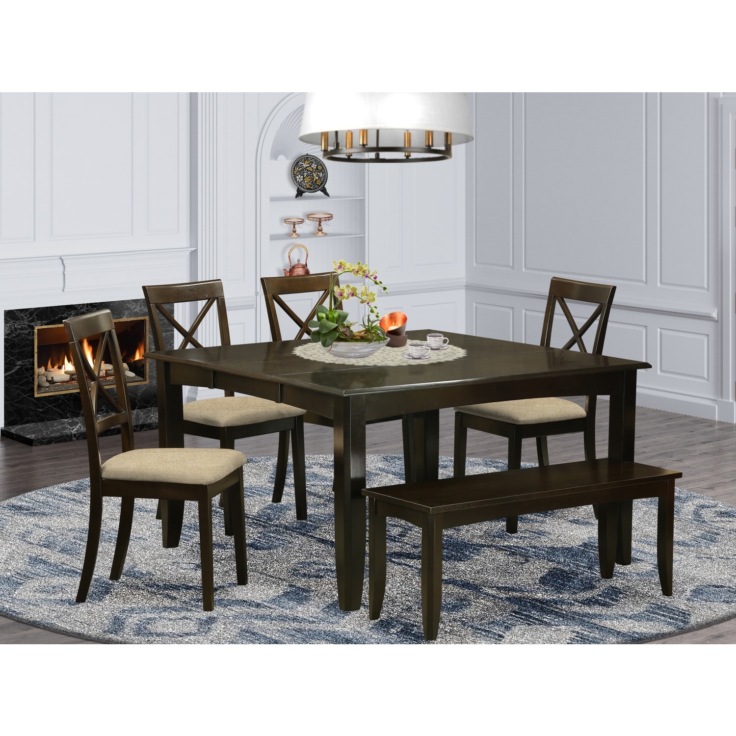 HomeStock 6-Piece Cappuccino Finish Solid Wood Top dining Table with 1 Bench and 4 Chairs