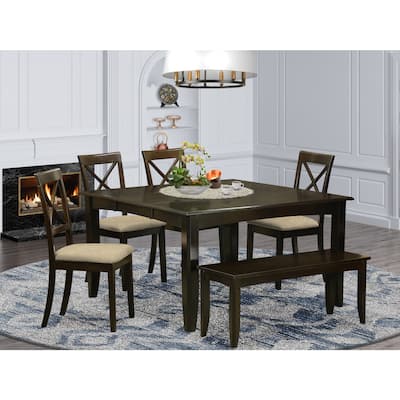 HomeStock 6-Piece Cappuccino Finish Solid Wood Top dining Table with 1 Bench and 4 Chairs with Lattice Back
