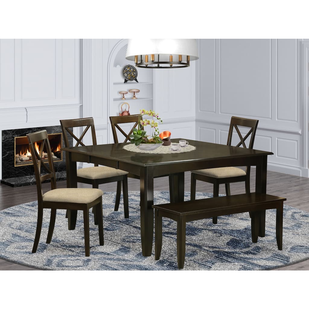 HomeStock 6-Piece Cappuccino Finish Solid Wood Top dining Table with 1 Bench and 4 Chairs with Lattice Back