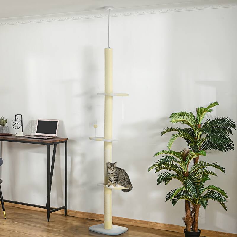PawHut 87"-103" Floor to Ceiling Cat Tree, 4 Tier Tall Height Adjustable Cat Tower with Plush Platforms, Sisal Scratching Posts