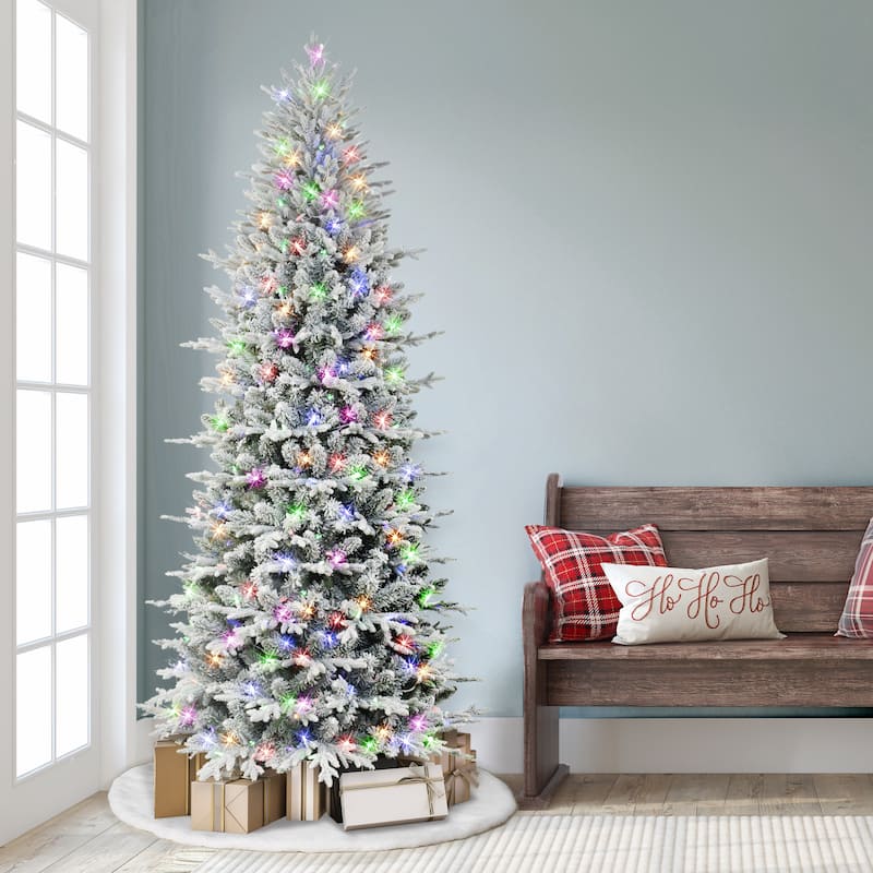 Puleo International 7.5 ft. Pre-lit Slim Flocked Northern Fir Artificial Christmas Tree