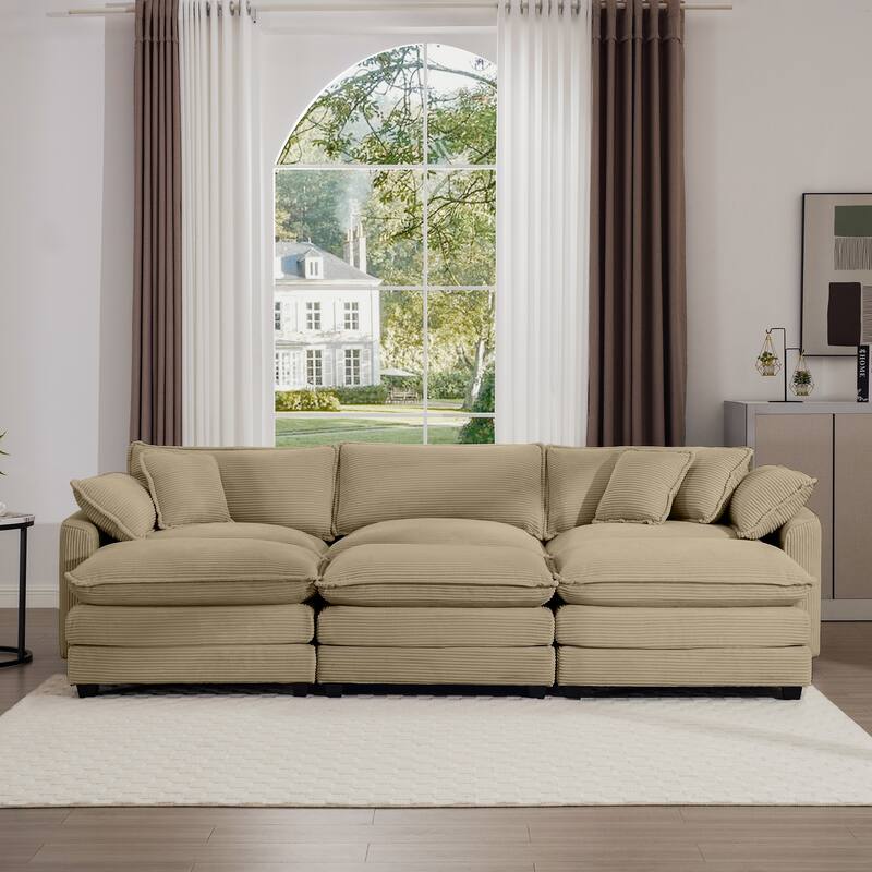 Oversized Corduroy Sofa with 3 Ottomans, Modular Set for Living Room, Convertible Sleeper