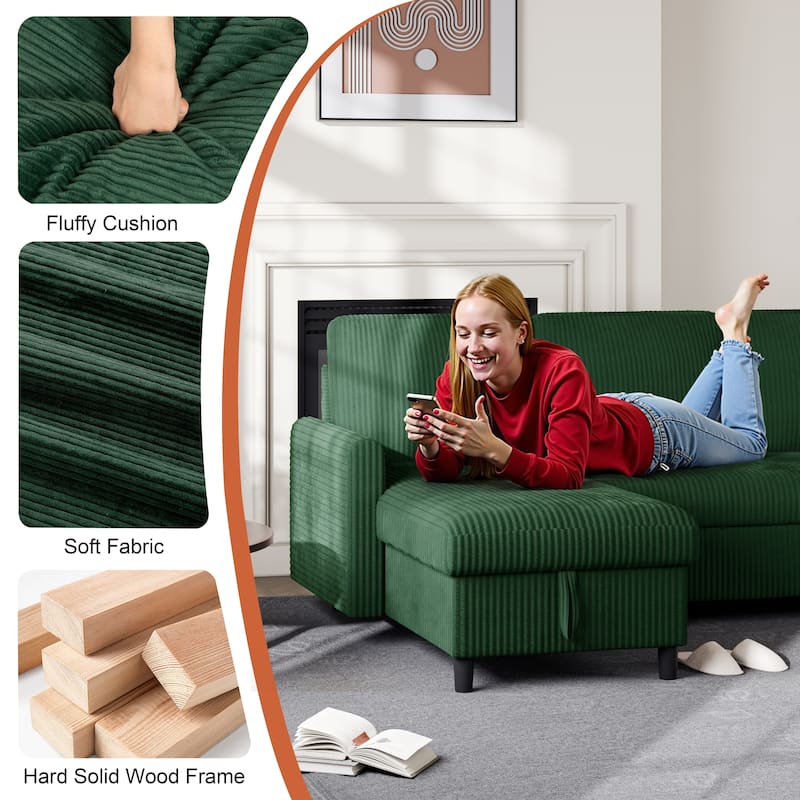 Futzca 3-in-1 Convertible Corduroy Sofa Bed with Storage, L-Shaped Sectional Couch