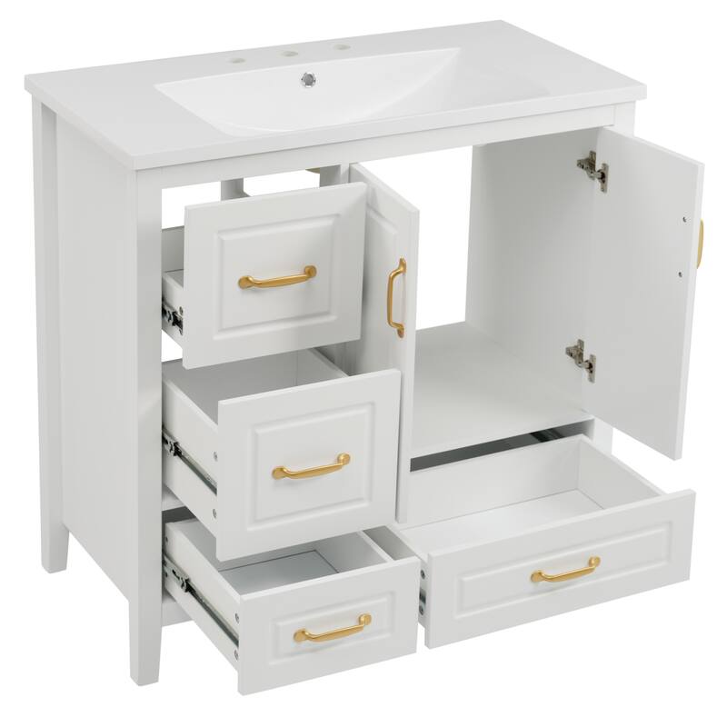 36 Inch Bathroom Vanity With Sink, One Cabinet With Soft-Closing Doors, 4 Soft-Closing Drawers, Metal Handles