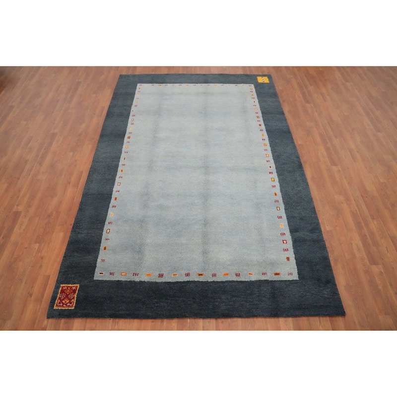 Hand Knotted Oriental 100% Wool Carpet Modern Bordered Navy Blue & Blues Gabbeh Area Rug - 9' 8'' X 6' 6''
