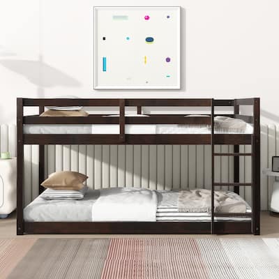 Solid Rubber Wooden Twin over Twin Loft Bed with Ladder, Upper & Bottom Platforms Bed, Crafted Strengthened Slats, Espresso