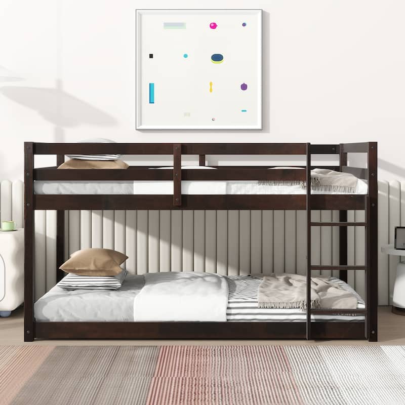 Solid Wooden Twin over Twin Floor Bunk Bed with Ladder, Espresso Finish - Espresso