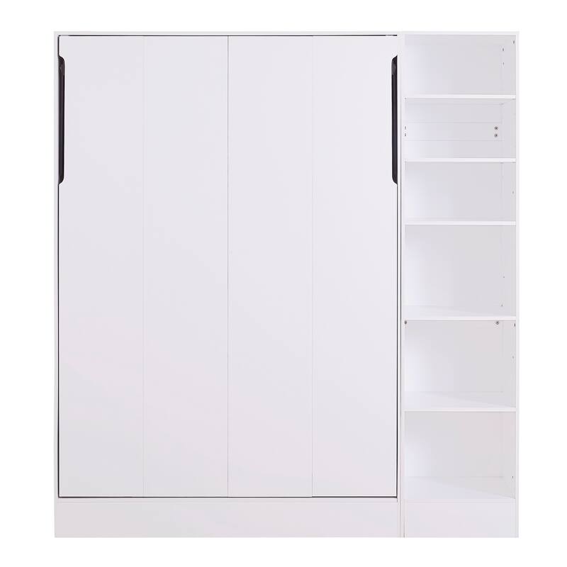 White Full Size Murphy Bed with Sofa and Built-in Shelves, Space-Saving Design
