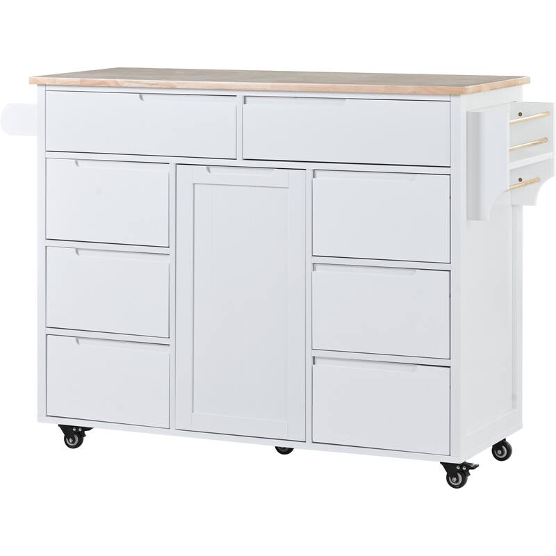 Kitchen Island with 8 Handle-Free Drawers, Rubber Wood Top, Flatware Organizer & 5 Wheels for Storage & Organization