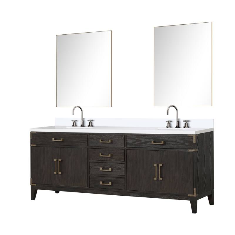 Laurel 60 in W x 22 in D Black Oak Double Bath Vanity, White Quartz Top, Faucet Set, and 28 in Mirrors